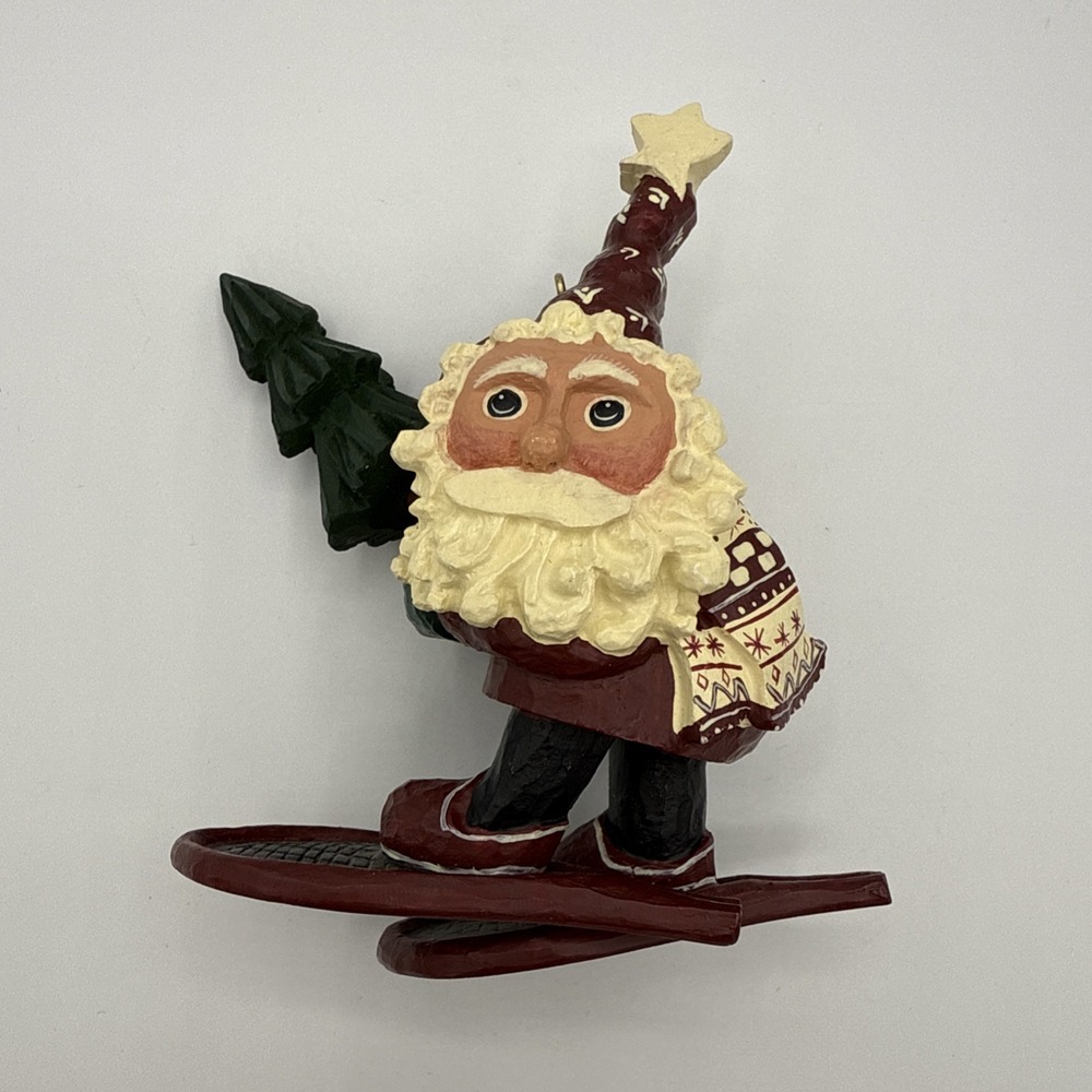Christmas Santa Figurine Ornament Carved Resin Snowshoes Rare Acorn Stamp